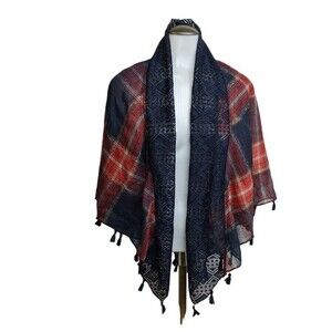 Scarf / Shawl / Wrap Boho Lace Fringe Neckwear Plaid Red & Blue